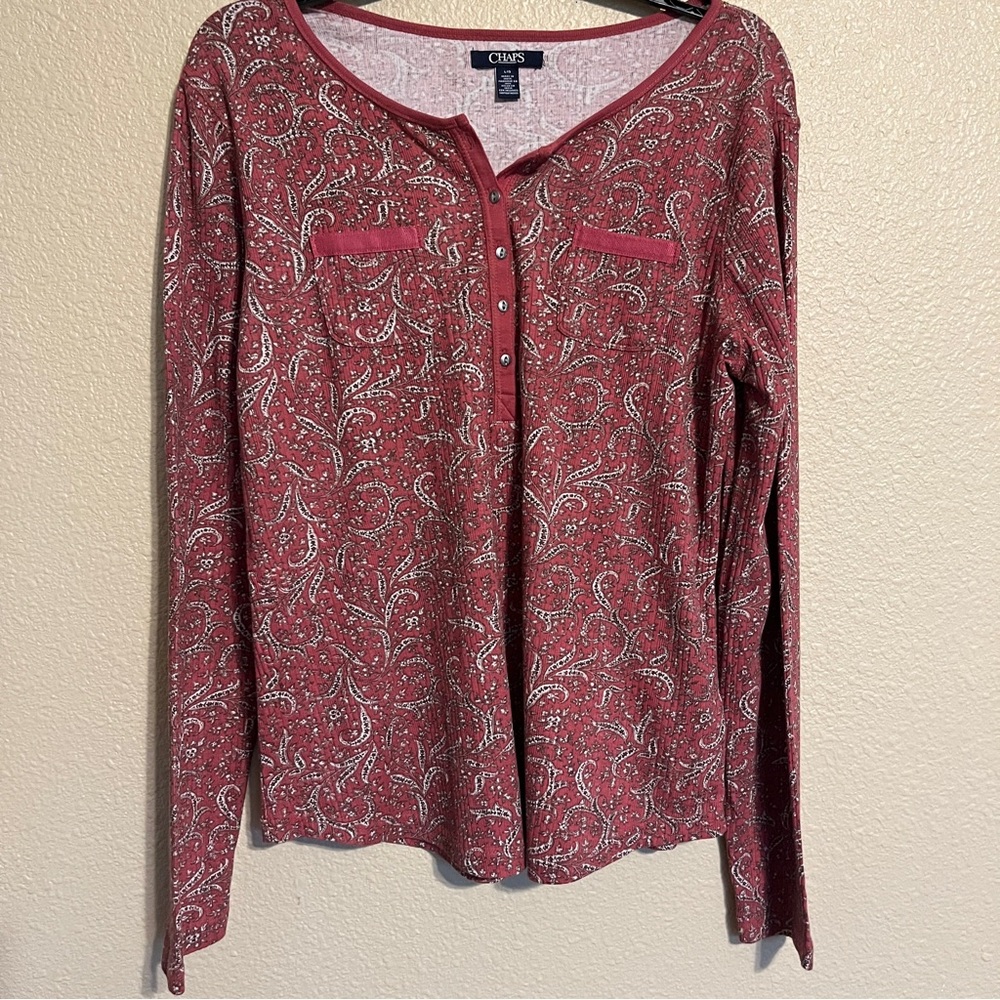Chaps Women’s L Burgundy & White Paisley Long Sleeve Henley Top